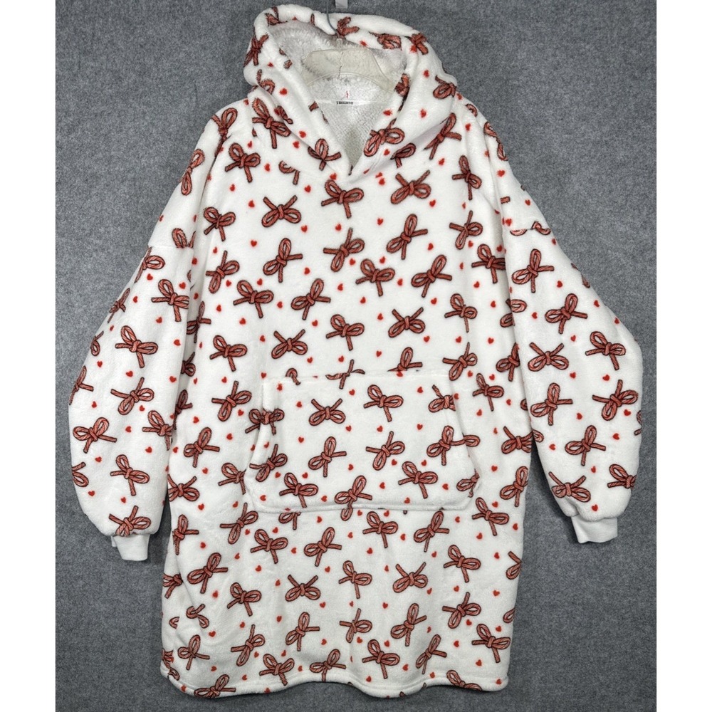 I Believe Oversized Hoodie Women Plus Size White Red Bow Heart Sherpa Fleece